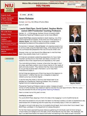 Presidential Teaching Professor Award - Press Release